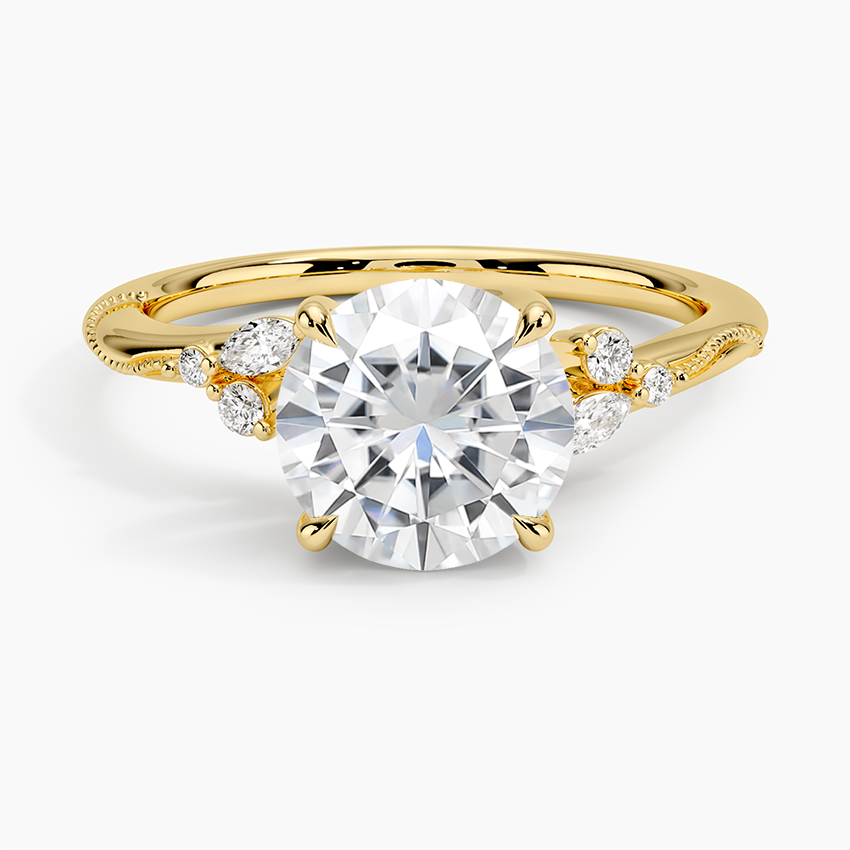 Moissanite Camellia Milgrain Diamond Ring in 18K Yellow Gold