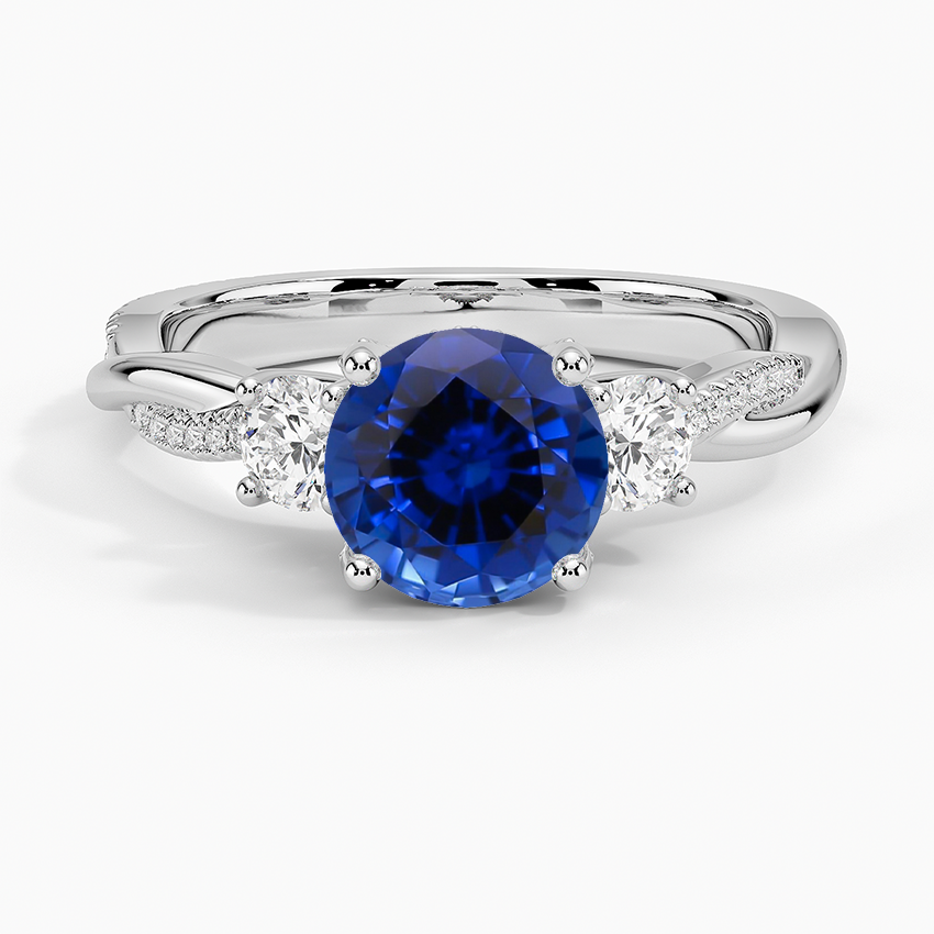 Sapphire Adorned Petite Twisted Vine Three Stone Diamond Ring in 18K White Gold