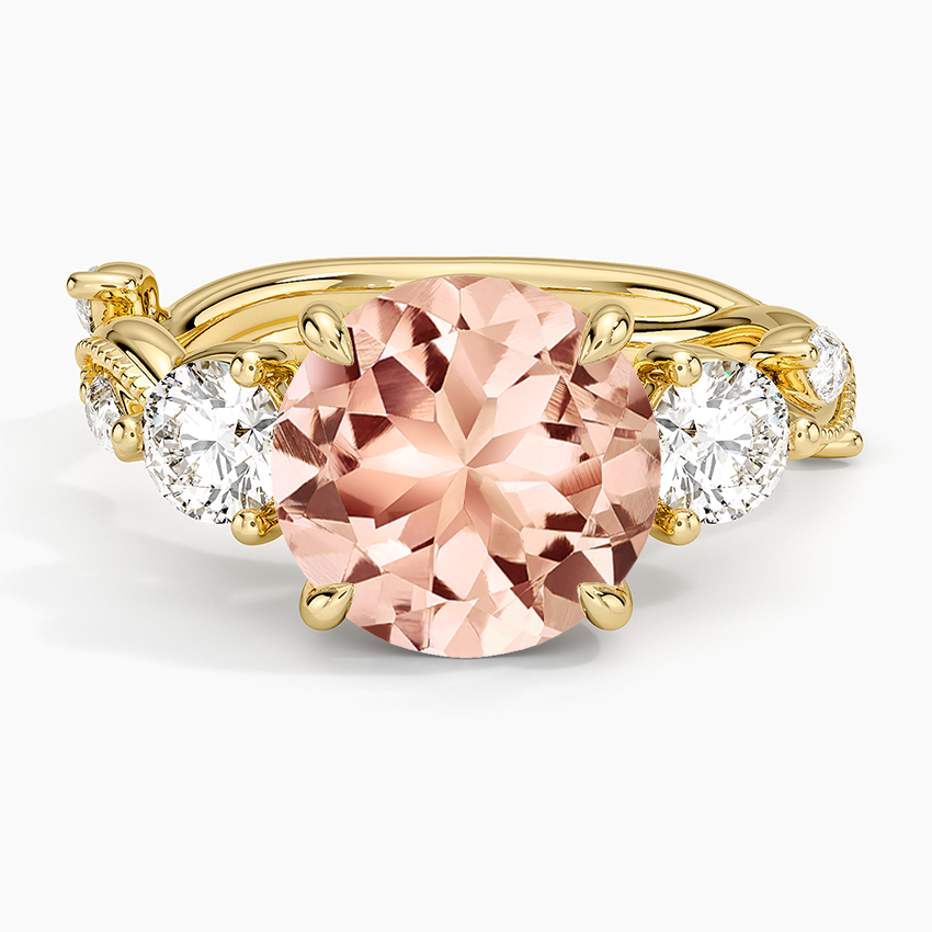 Morganite Vintage Secret Garden Three Stone Diamond Ring in 14K Yellow Gold