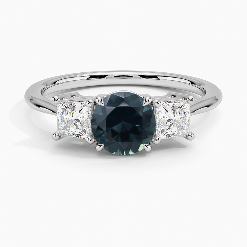 Sapphire Princess Cut Three Stone Diamond Ring in 18K White Gold