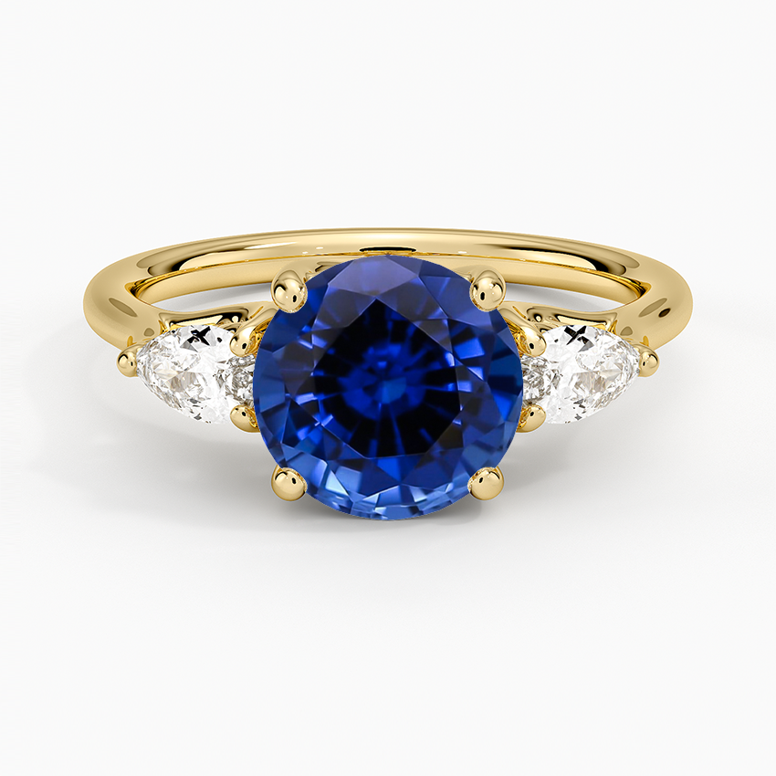 Lab Grown Sapphire Trellis Three Stone Pear Diamond Ring in 18K Yellow Gold