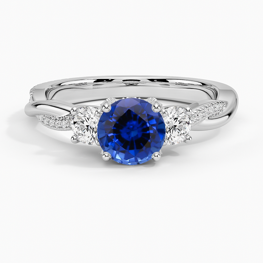 Sapphire Adorned Petite Twisted Vine Three Stone Diamond Ring in 18K White Gold