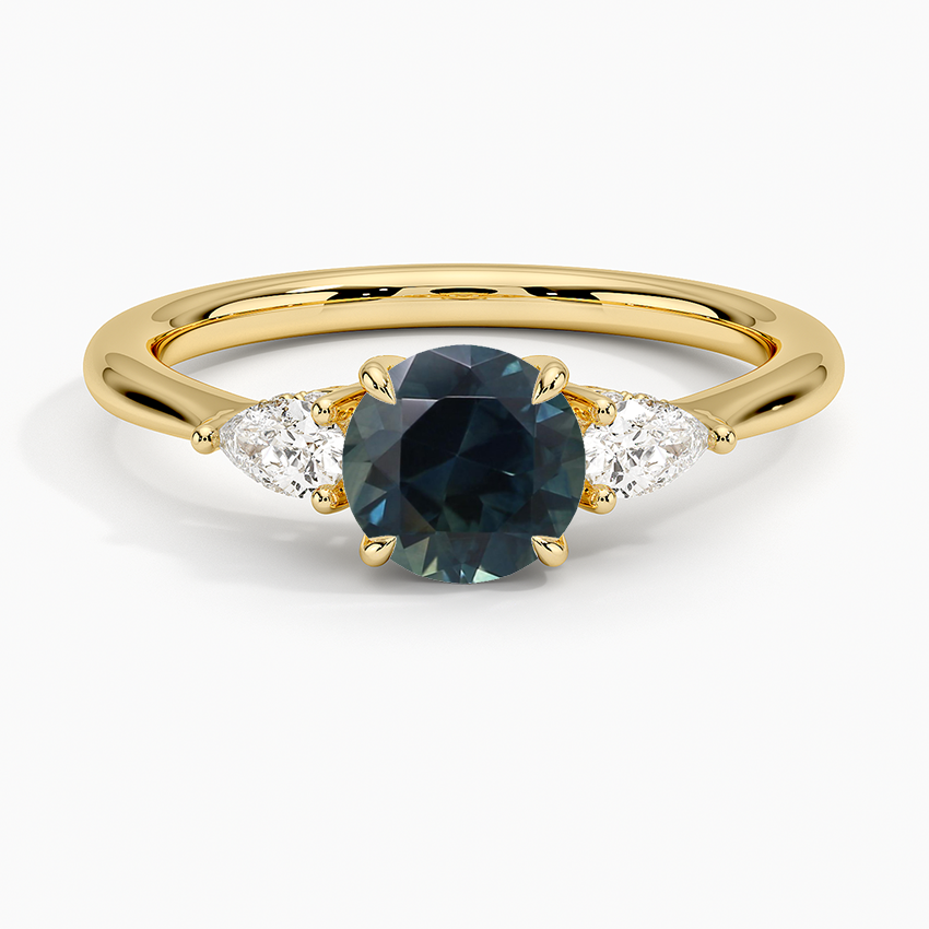 Sapphire Adorned Petite Opera Three Stone Diamond Ring in 18K Yellow Gold