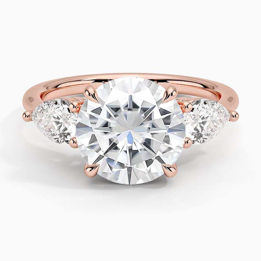 Moissanite Luxe Opera Three Stone Diamond Ring in 14K Rose Gold