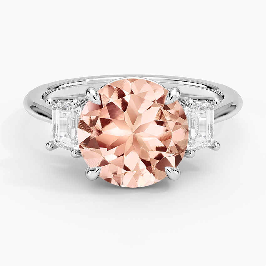 Morganite Embrace Three Stone Trapezoid Diamond Ring in 14K White Gold