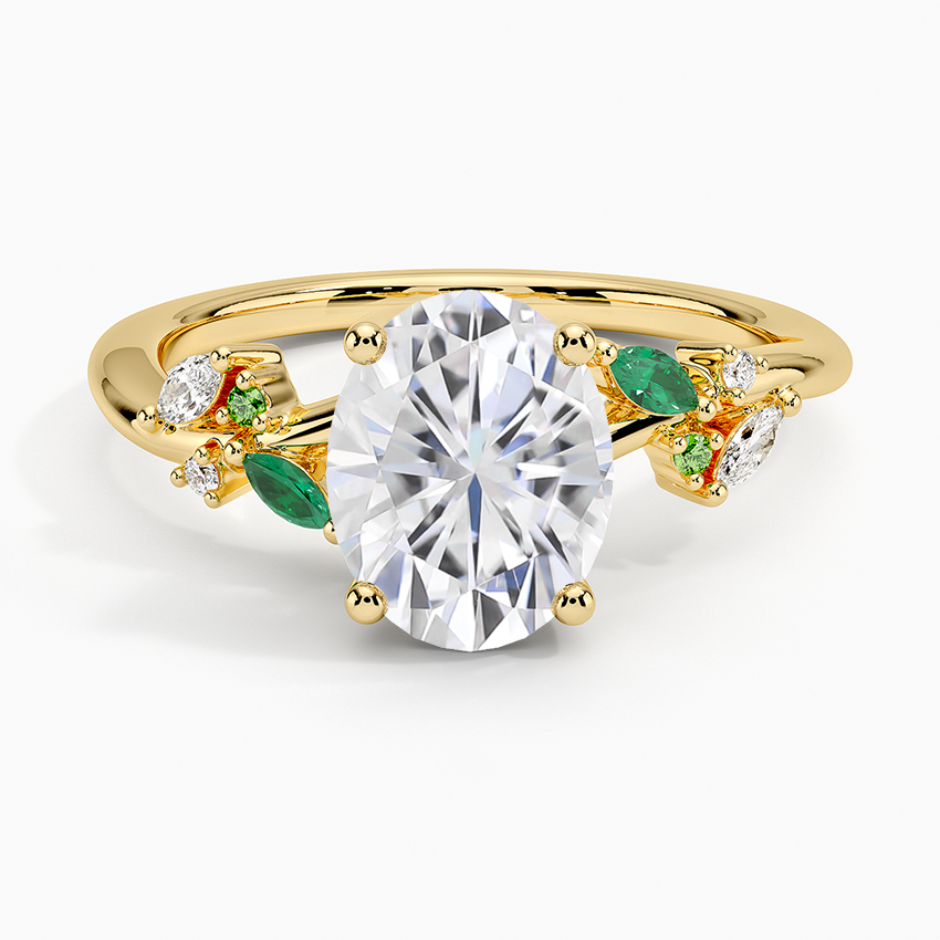 Moissanite Arden Diamond Ring with Lab Emerald Accents in 18K Yellow Gold