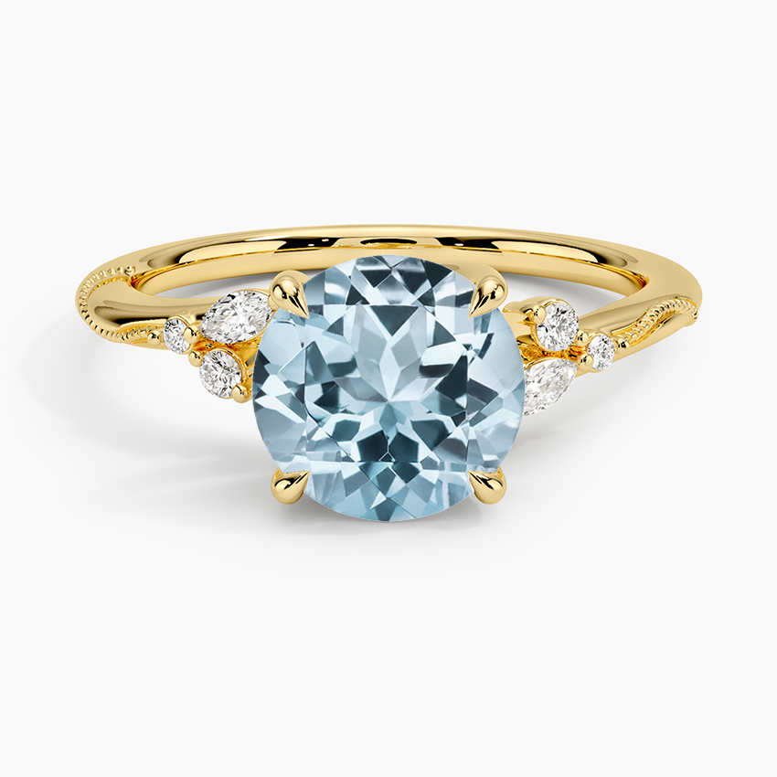 Aquamarine Camellia Milgrain Diamond Ring in 18K Yellow Gold