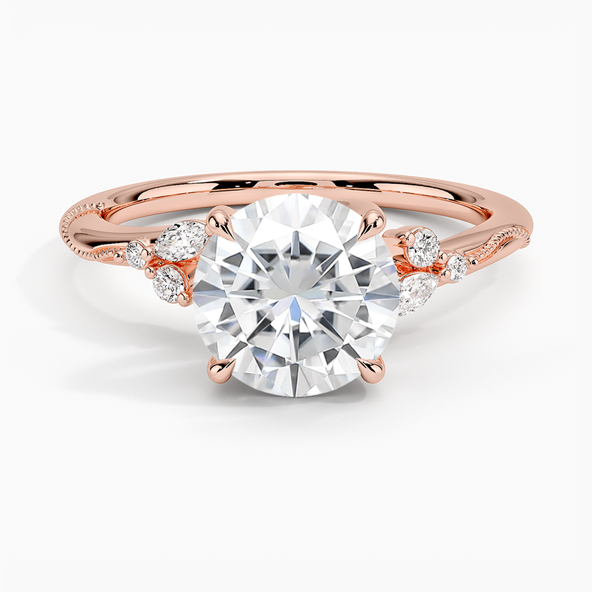 Moissanite Camellia Milgrain Diamond Ring in 14K Rose Gold