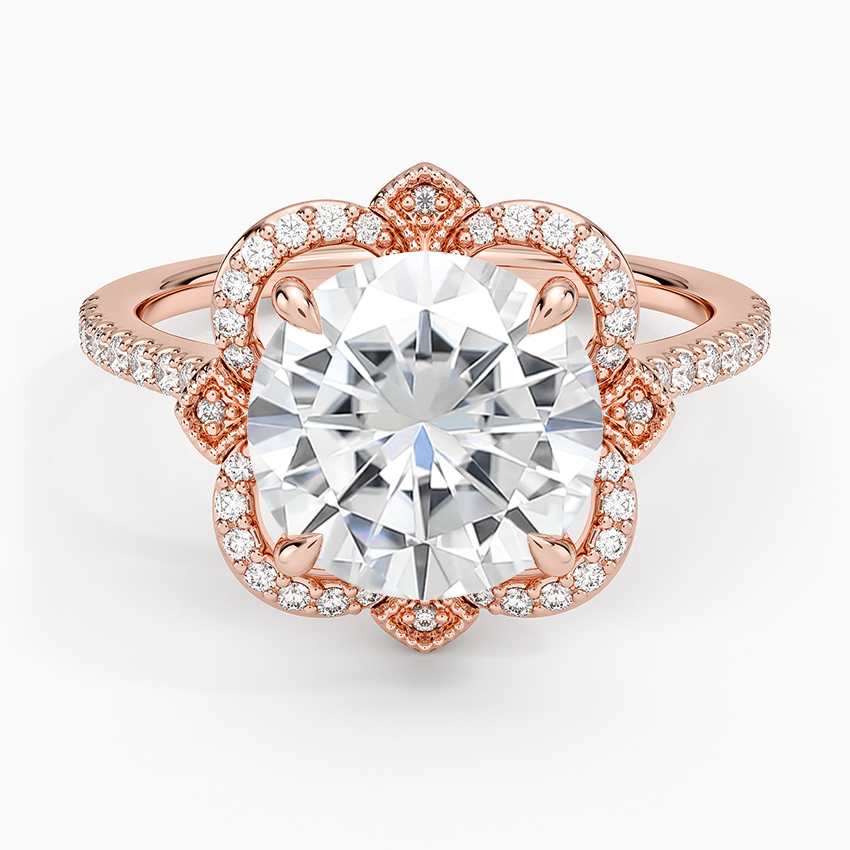 Moissanite Reina Halo Diamond Ring in 14K Rose Gold