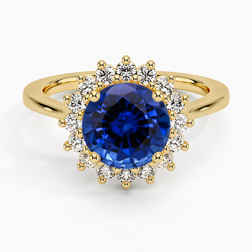 Lab Grown Sapphire Sunburst Halo Diamond Ring (1/4 ct. tw.) in 18K Yellow Gold