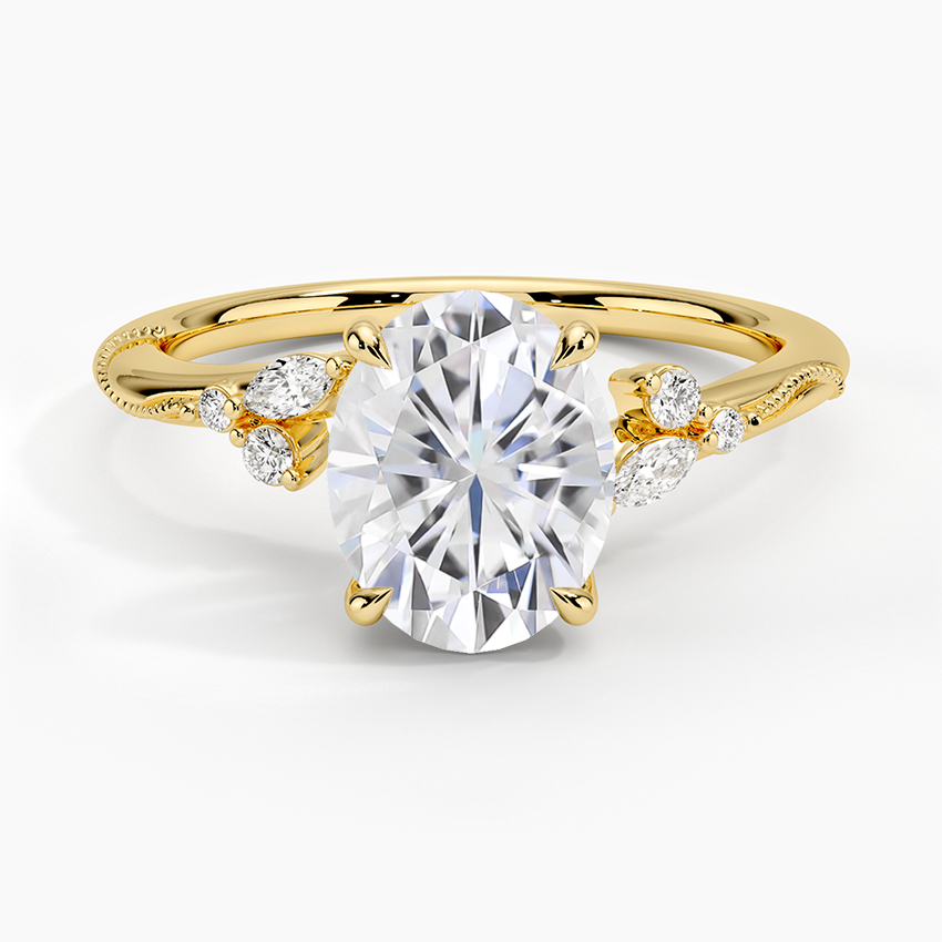 Moissanite Camellia Milgrain Diamond Ring in 18K Yellow Gold