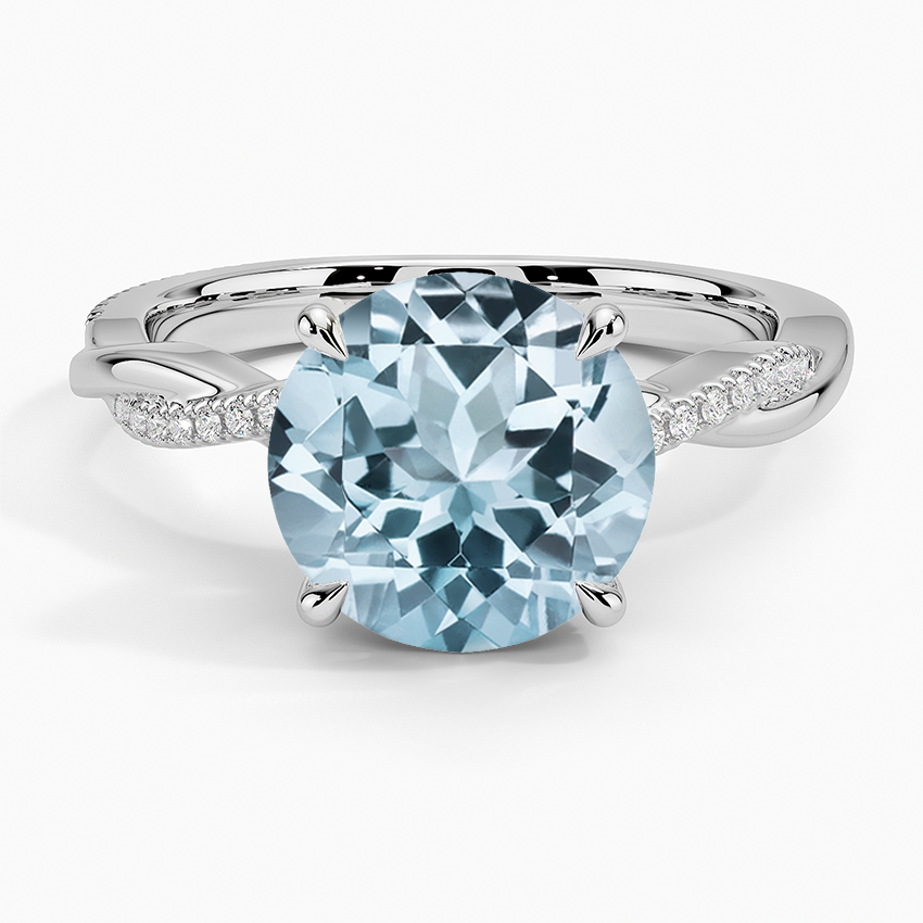 Aquamarine Petite Twisted Vine Hidden Halo Pavé Diamond Ring in 18K White Gold