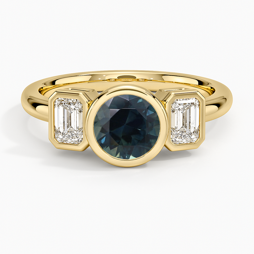 Sapphire Rhiannon Bezel Three Stone Diamond Ring in 18K Yellow Gold