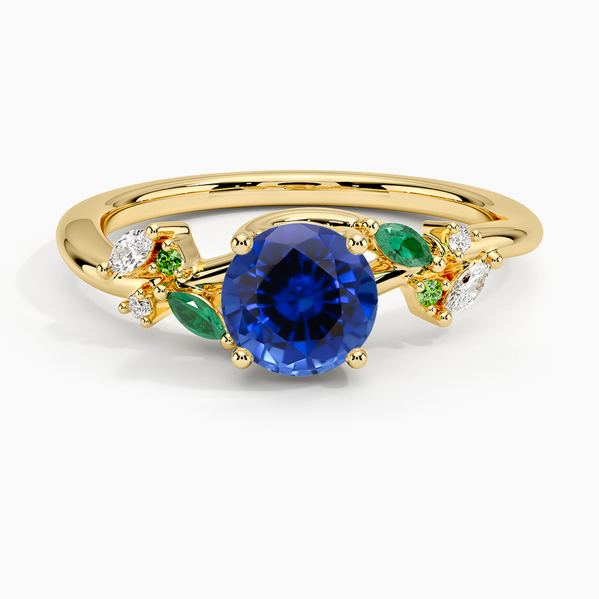 Sapphire Arden Diamond Ring with Lab Emerald Accents in 18K Yellow Gold