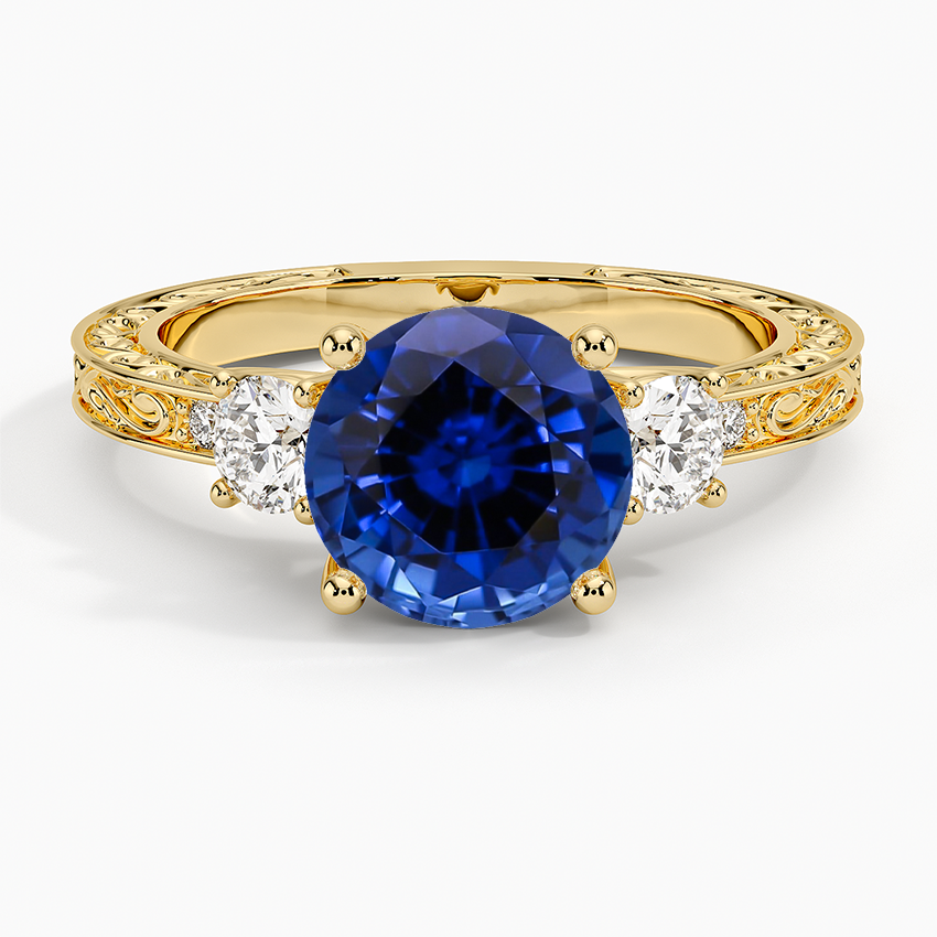 Lab Grown Sapphire Antique Scroll Engraved Three Stone Diamond Ring (1/3 ct. tw.) in 14K Yellow Gold