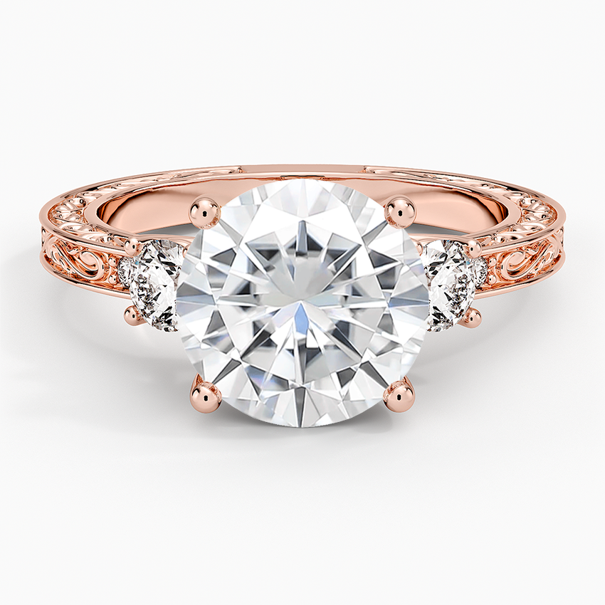 Moissanite Antique Scroll Engraved Three Stone Diamond Ring (1/3 ct. tw.) in 14K Rose Gold