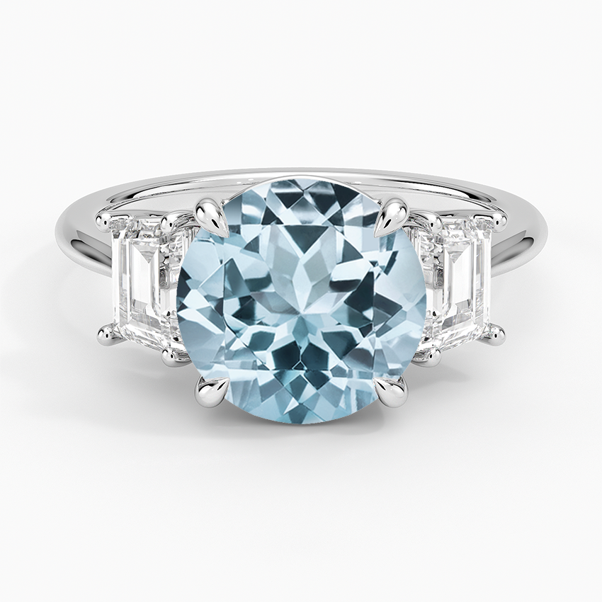 Aquamarine Luxe Embrace Three Stone Trapezoid Diamond Ring in 14K White Gold