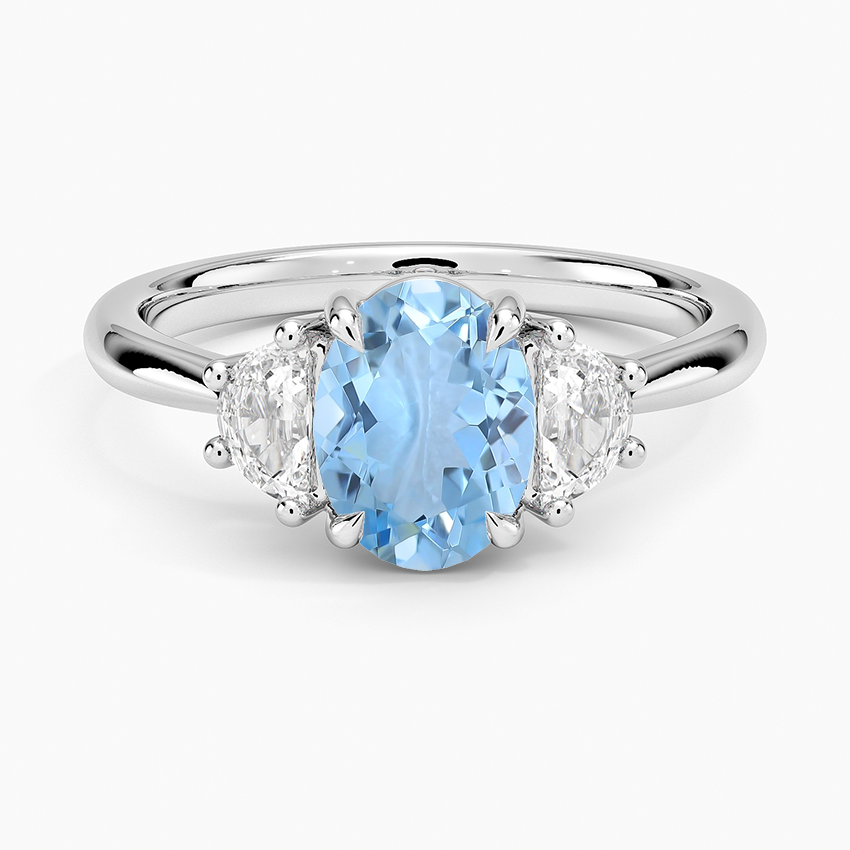 Aquamarine Half Moon Three Stone Diamond Ring (1/4 Ct. Tw.) in 18K White Gold