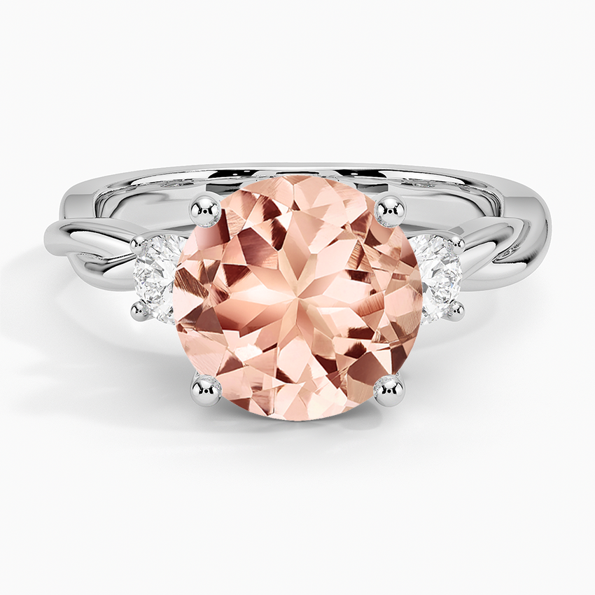 Morganite Twisted Vine Three Stone Diamond Ring in 14K White Gold