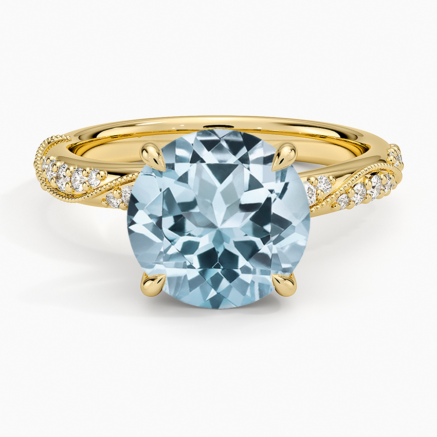 Aquamarine Camellia Hidden Accent 2.5mm Diamond Ring in 14K Yellow Gold