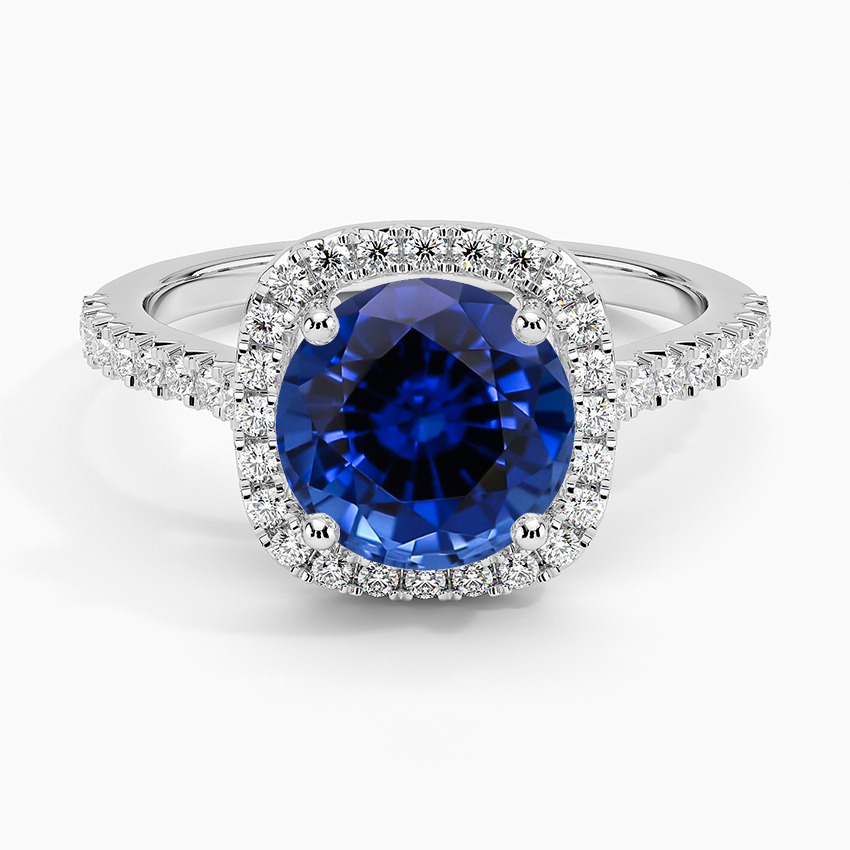 Lab Grown Sapphire Adorned Odessa Halo Diamond Ring in 18K White Gold