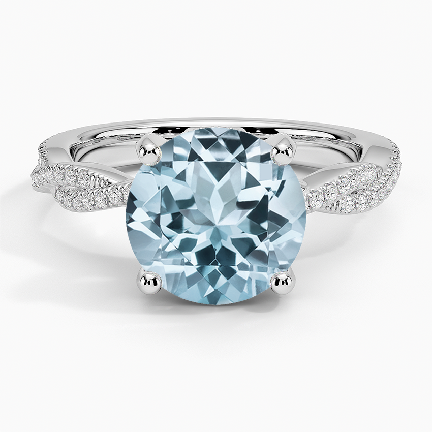 Aquamarine Adorned Luxe Petite Twisted Vine Diamond Ring in 18K White Gold