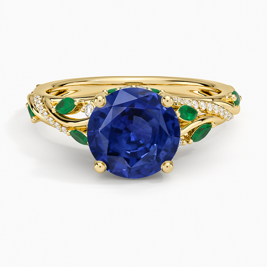 Sapphire Begonia Vine Diamond and Lab Emerald Ring (1/8 ct. tw.) in 14K Yellow Gold
