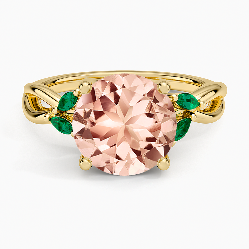 Morganite Willow Ring With Lab Emerald Accents in 14K Yellow Gold