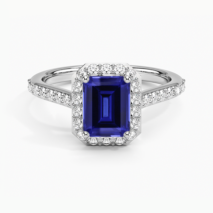 Sapphire Halo Diamond Ring with Side Stones (1/3 ct. tw.) in 18K White Gold