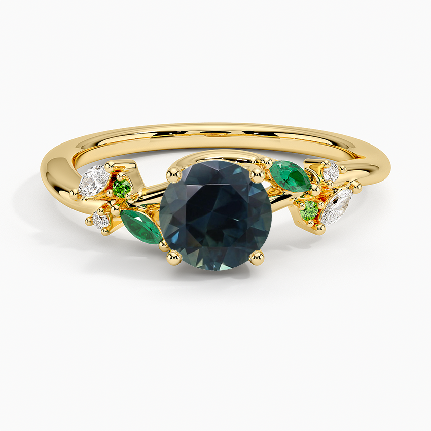 Sapphire Arden Diamond Ring with Lab Emerald Accents in 18K Yellow Gold