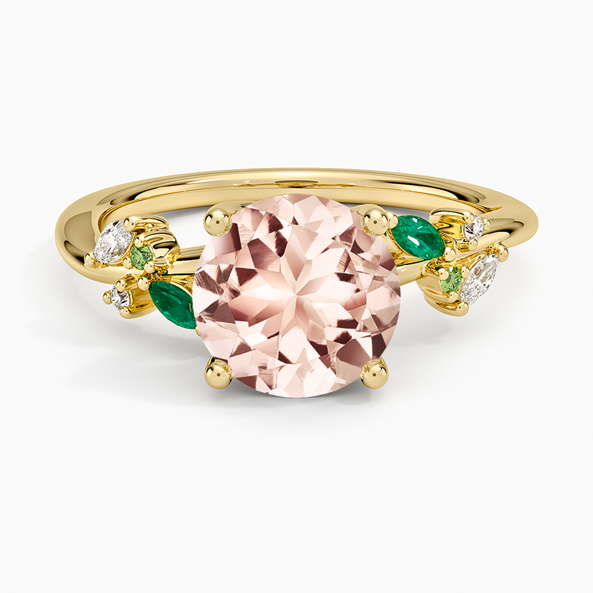 Morganite Arden Diamond Ring with Lab Emerald Accents in 18K Yellow Gold