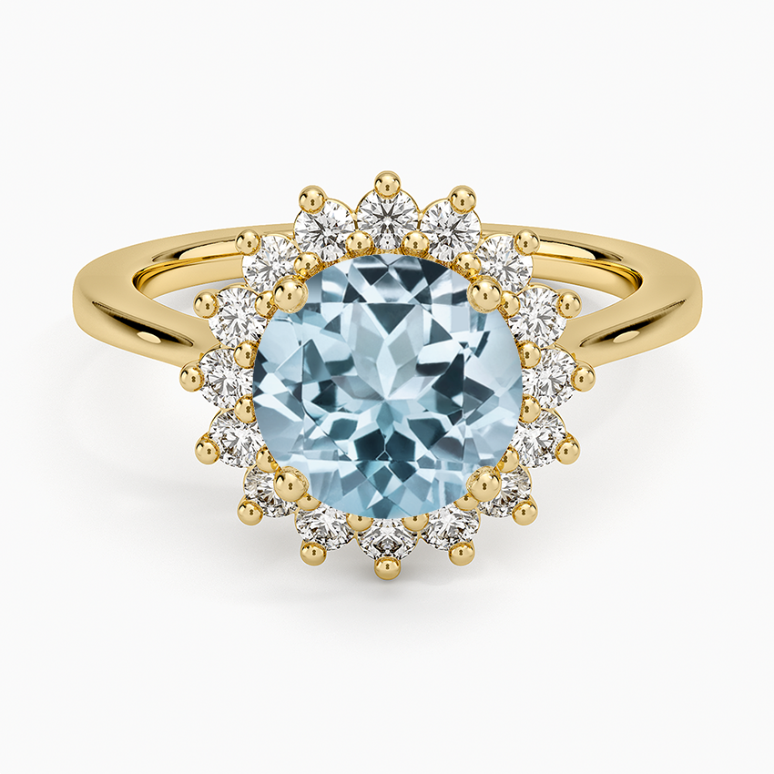 Aquamarine Sunburst Halo Diamond Ring (1/4 ct. tw.) in 14K Yellow Gold