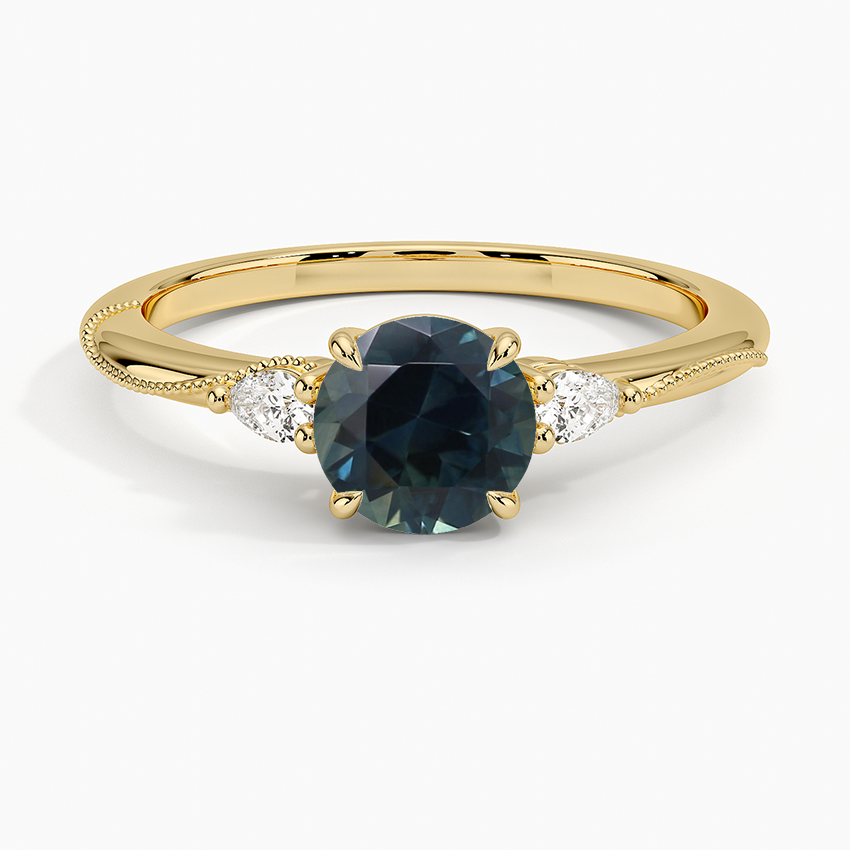 Sapphire Camellia Three Stone Pear Diamond Ring in 18K Yellow Gold