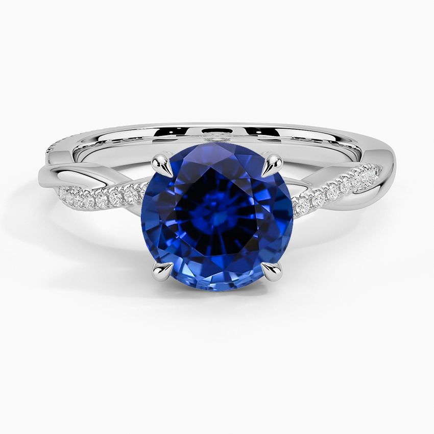 Lab Grown Sapphire Petite Twisted Vine Hidden Halo Pavé Diamond Ring in 18K White Gold