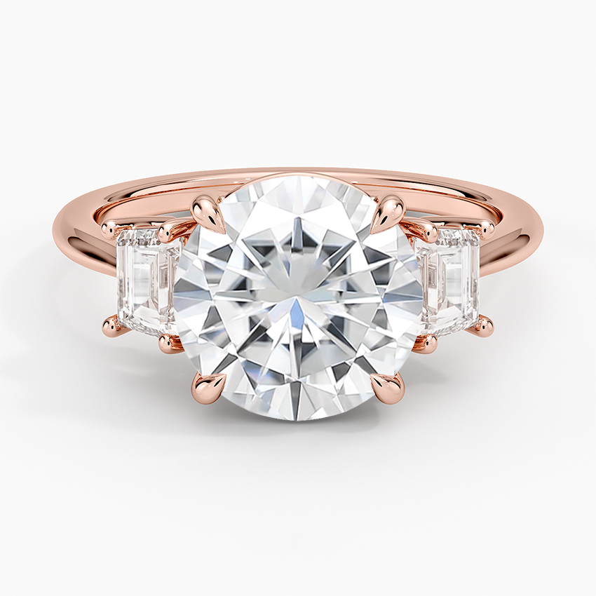 Moissanite Embrace Three Stone Trapezoid Diamond Ring in 14K Rose Gold