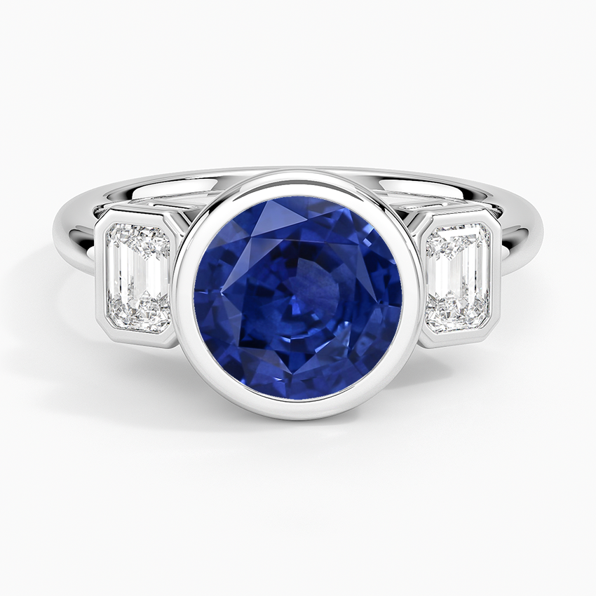 Sapphire Rhiannon Bezel Three Stone Diamond Ring in 14K White Gold