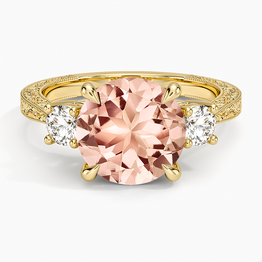 Morganite Elsie Three Stone Engraved Diamond Ring (1/3 ct. tw.) in 14K Yellow Gold