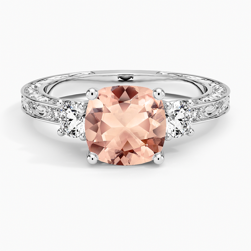 Morganite Antique Scroll Engraved Three Stone Diamond Ring (1/3 ct. Tw.) in 18K White Gold