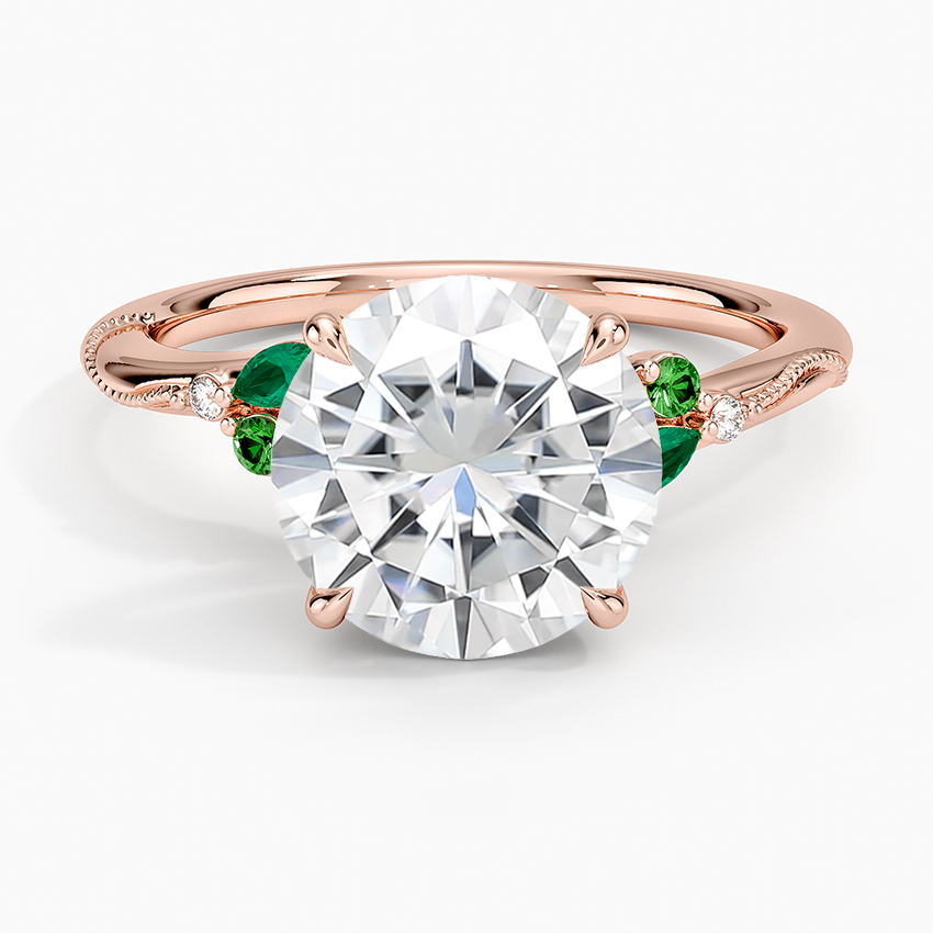 Moissanite Camellia Milgrain Green Gemstone and Diamond Ring in 14K Rose Gold
