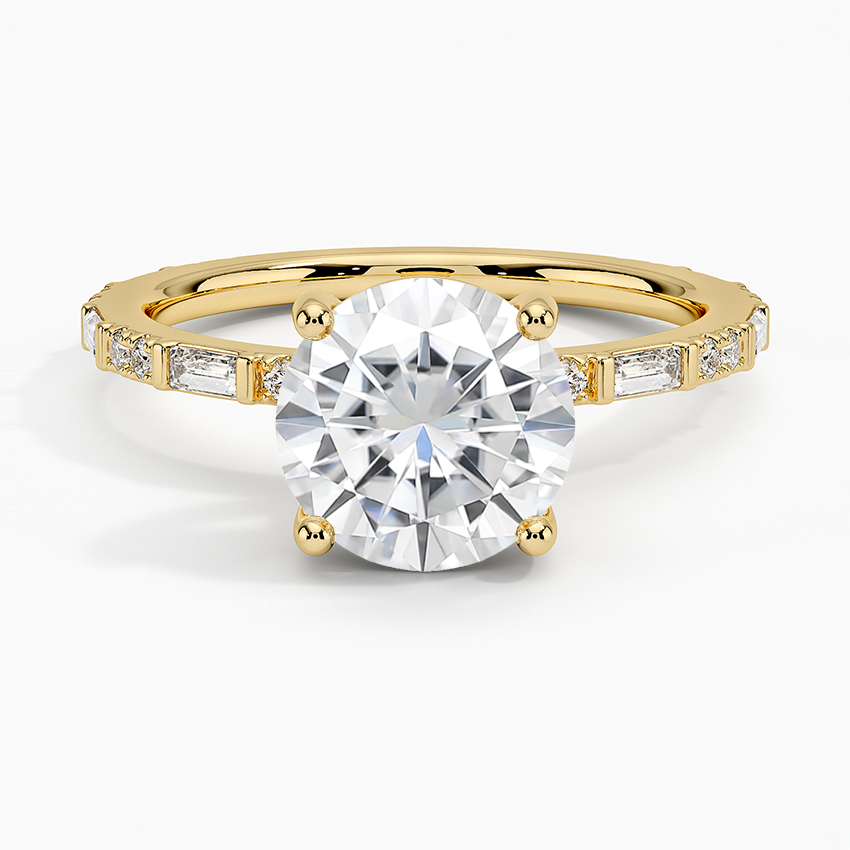 Moissanite Luz Baguette and Round Diamond Ring in 18K Yellow Gold