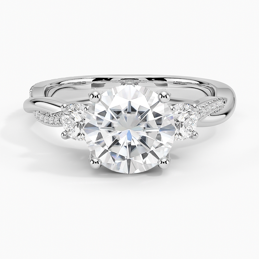 Moissanite Adorned Petite Twisted Vine Three Stone Diamond Ring in 18K White Gold