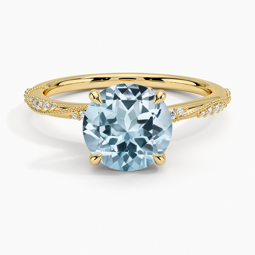 Aquamarine Camellia Hidden Accent 1.5mm Diamond Ring in 18K Yellow Gold