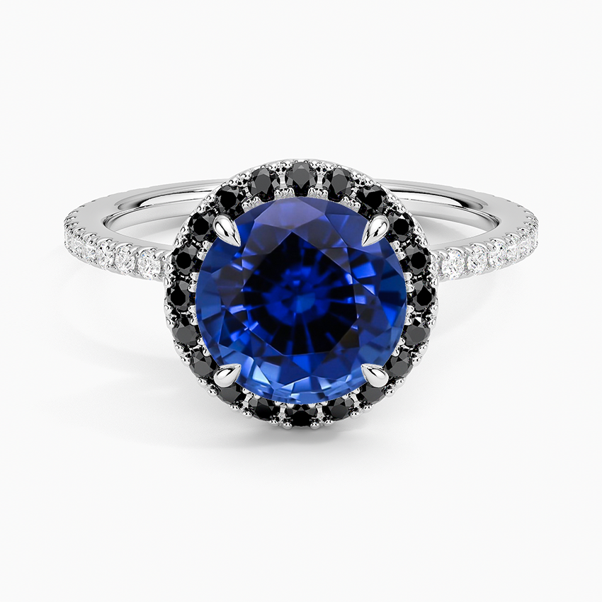 Lab Grown Sapphire Waverly Halo Diamond Ring with Black Diamond Accents in 18K White Gold