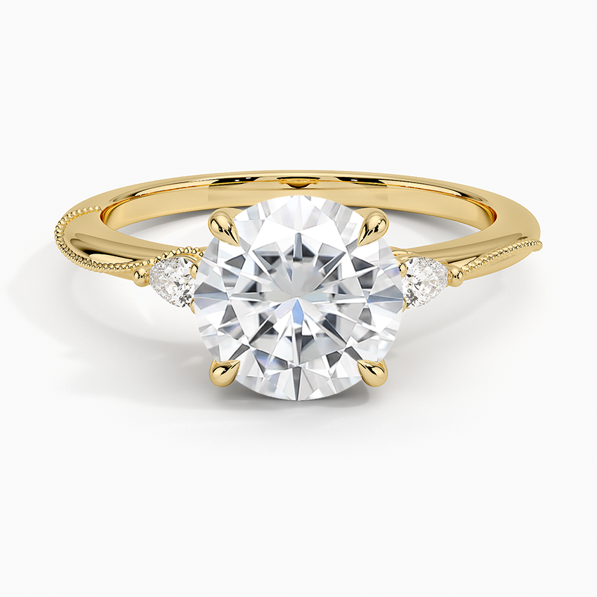 Moissanite Camellia Three Stone Pear Diamond Ring in 18K Yellow Gold