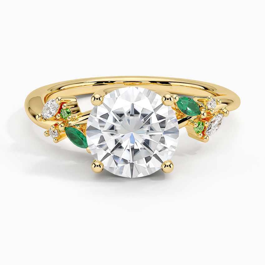 Moissanite Arden Diamond Ring with Lab Emerald Accents in 18K Yellow Gold