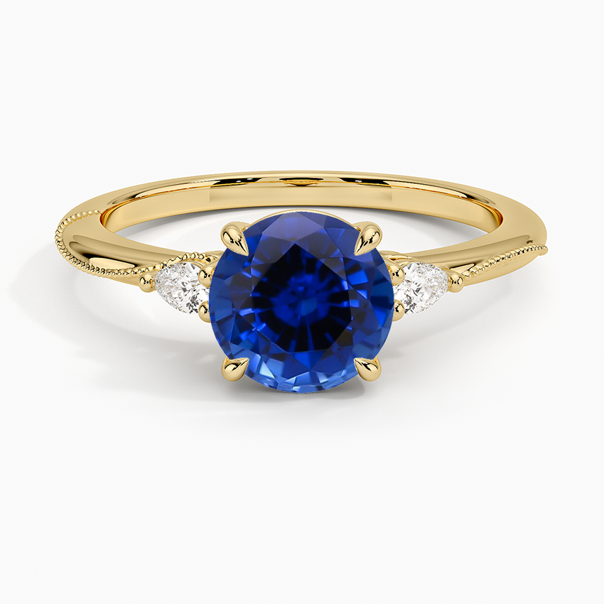 Sapphire Camellia Three Stone Pear Diamond Ring in 18K Yellow Gold