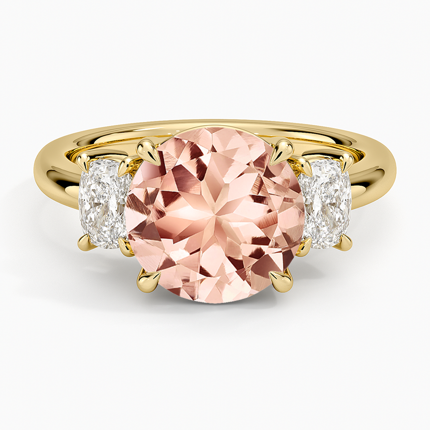 Morganite Faye Elongated Cushion Three Stone Diamond Ring in 14K Yellow Gold