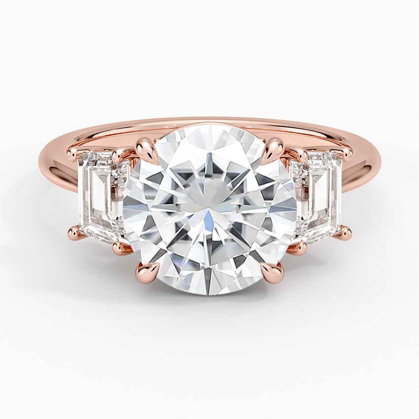 Moissanite Luxe Embrace Three Stone Trapezoid Diamond Ring in 14K Rose Gold