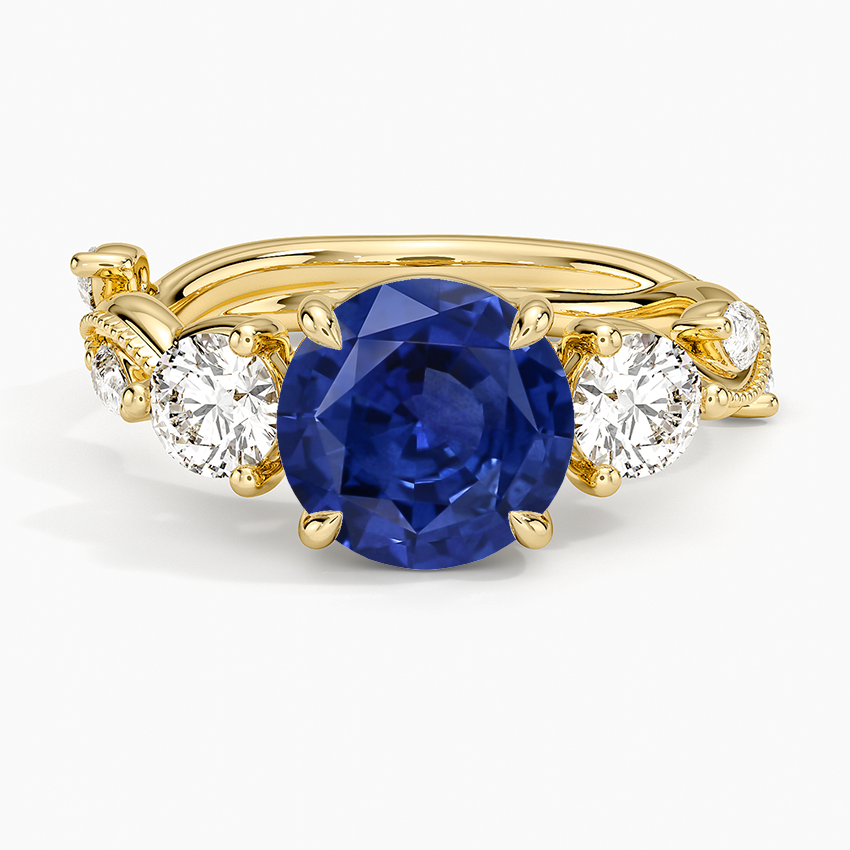 Sapphire Vintage Secret Garden Three Stone Diamond Ring in 14K Yellow Gold