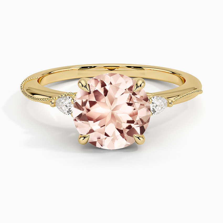 Morganite Camellia Three Stone Pear Diamond Ring in 18K Yellow Gold